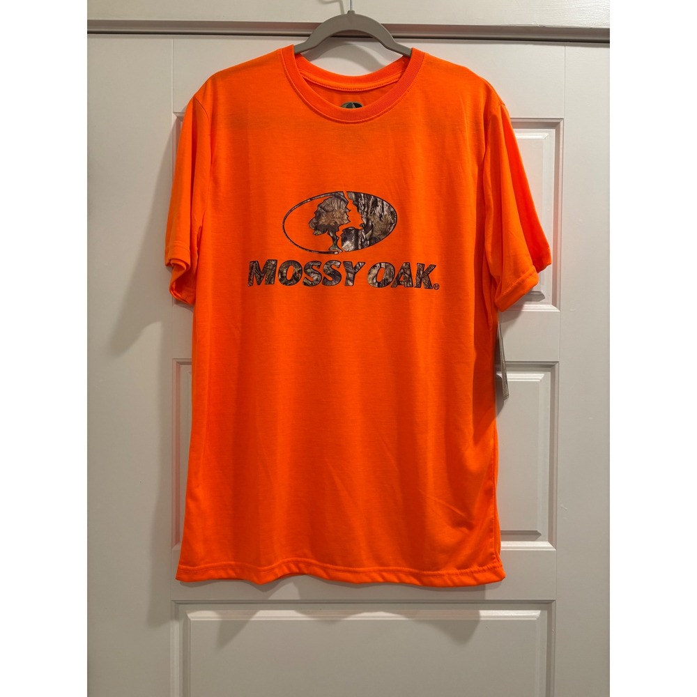 Mossy Oak Mens Blaze Orange Camo Logo Performance T-Shirt Size M Hunting Tee